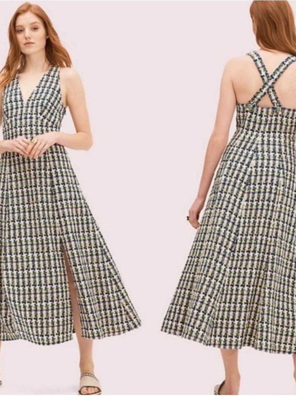 kate spade Navy, White & Lime Tweed Midi Dress